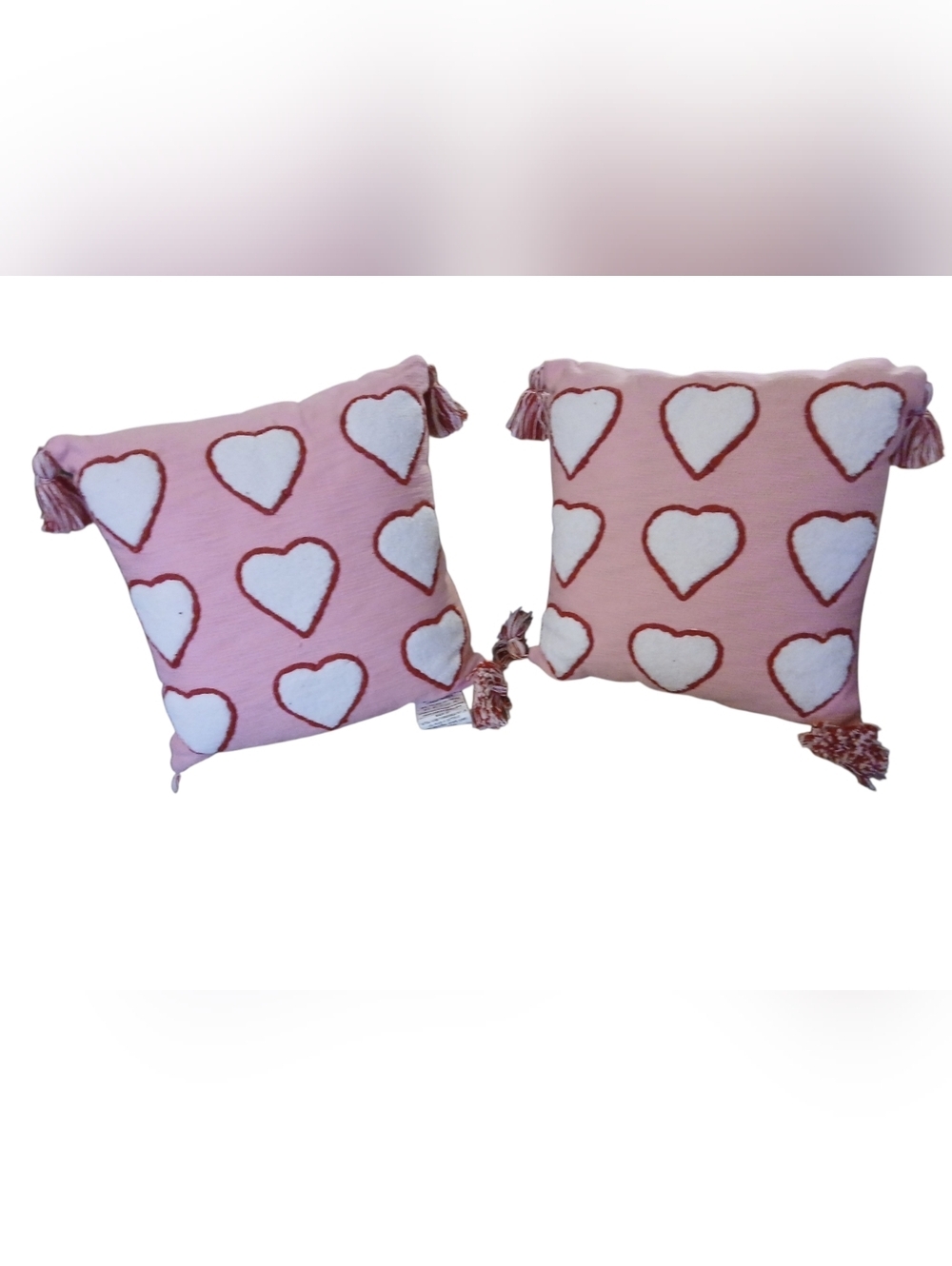 Home - Set of 2 Pink and White Pillow W/ Heart's, Tassels On Corners, 18" X 18" - Picture 5 of 8